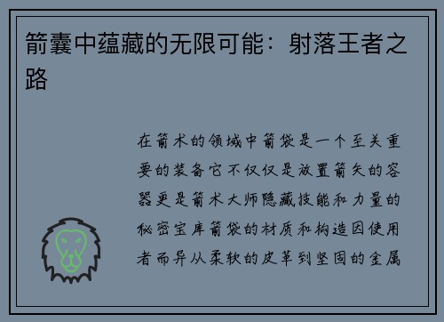 箭囊中蕴藏的无限可能：射落王者之路